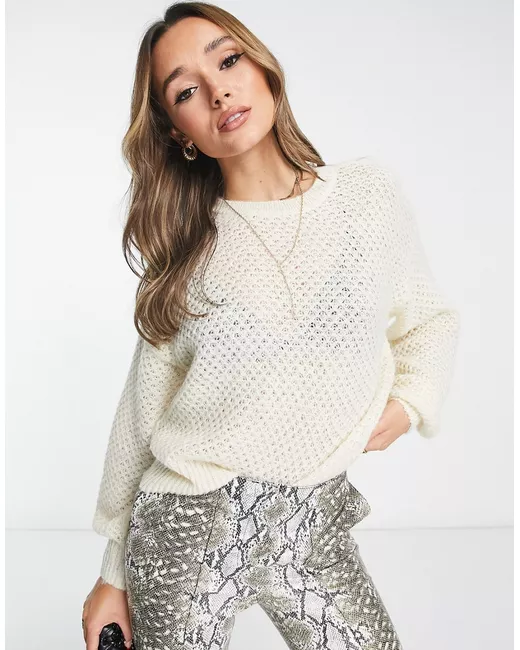 Vila lattice knit sweater with drop shoulder in cream-