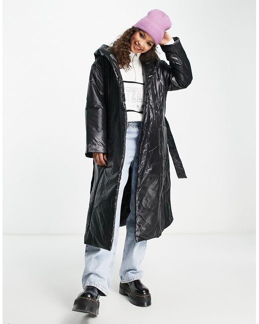 Pieces shiny padded longline coat with hood in