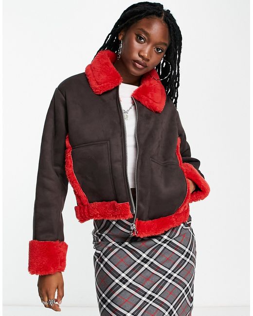 Weekday Enzo suedette bonded faux shearling jacket in with red contrasts