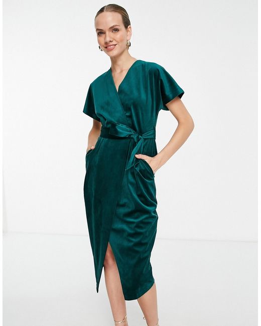 Closet London kimono sleeve velvet midi dress with wrap tie in emerald-