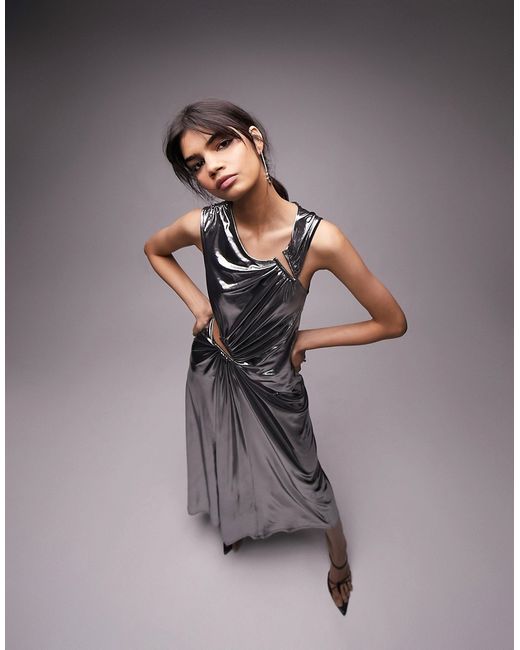 TopShop asymmetric metallic cut out midi dress in