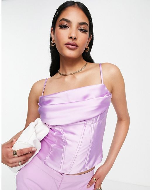Asos Design satin cowl neck corset cami with seam detail in lilac-