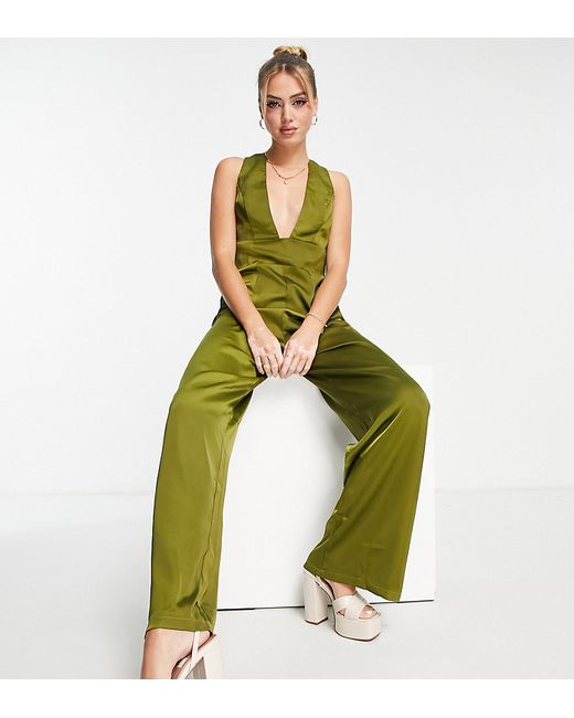 In The Style x Yasmin Devonport exclusive plunge front wide leg jumpsuit in lime-