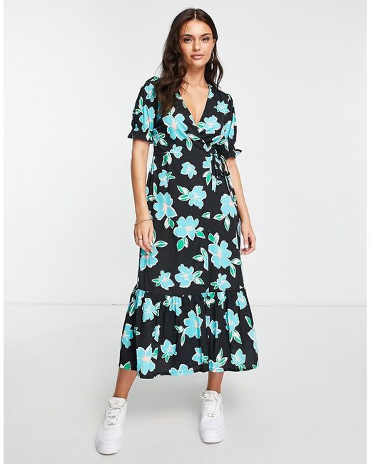 New Look floral wrap front open back midi dress in