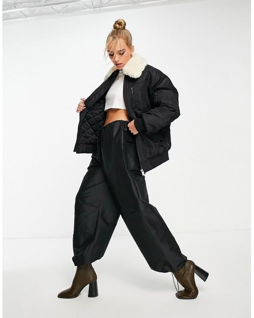 Other Stories nylon bomber jacket with faux fur collar in