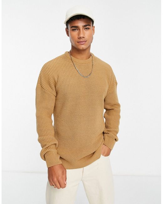 New Look relaxed fit knit fisherman sweater in camel-