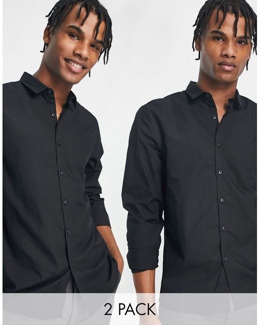New Look 2 pack poplin long sleeved shirts in black-