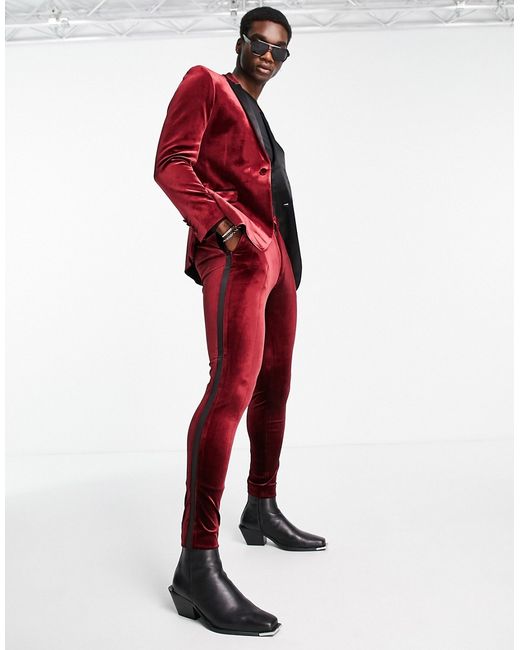 Asos Design super skinny velvet tuxedo pants in burgundy-