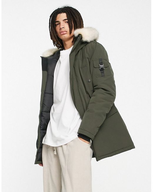 Sixth June parka jacket in khaki with faux fur hood and buckle detail-