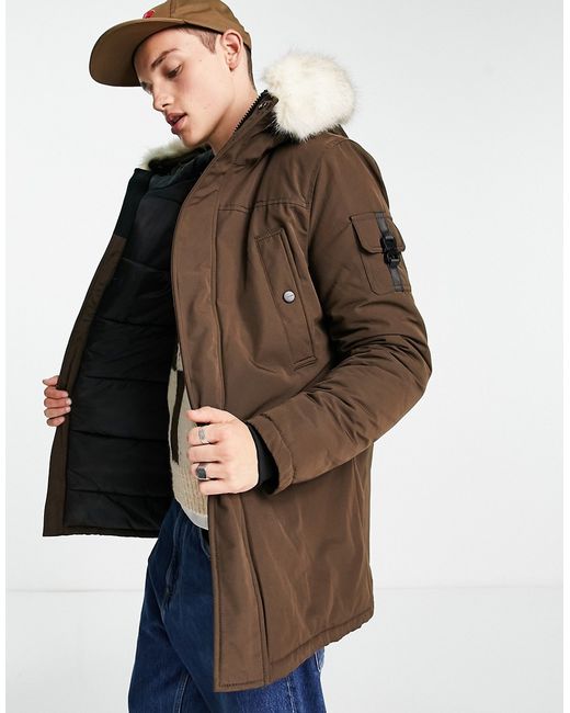 Sixth June parka jacket in with fur hood and buckle detail