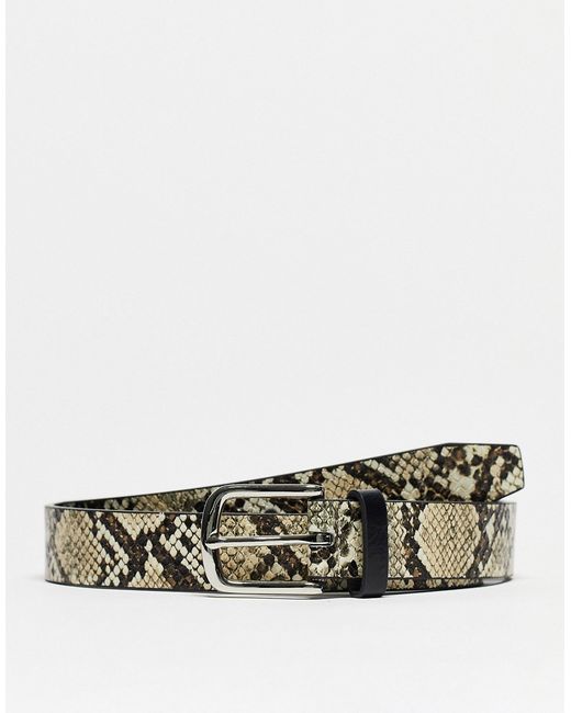 River Island snake print belt in stone-