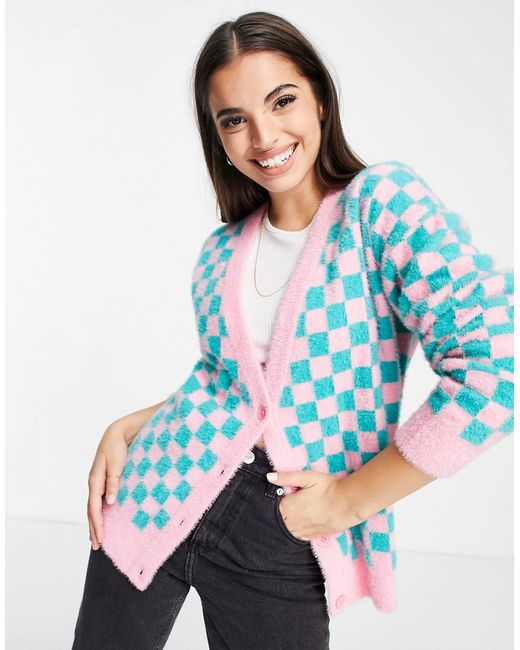 Daisy Street relaxed cardigan in fluffy checkerboard-
