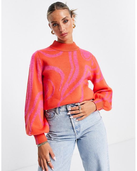 French Connection high neck cropped sweater in pink and swirl print