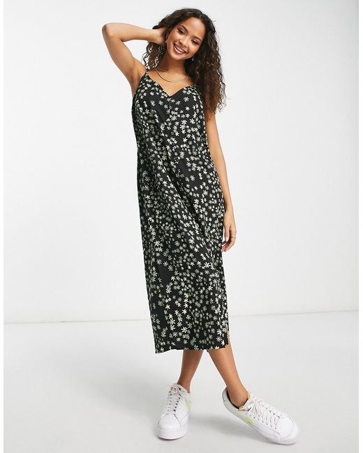 Pieces midi cami dress in black and green floral-