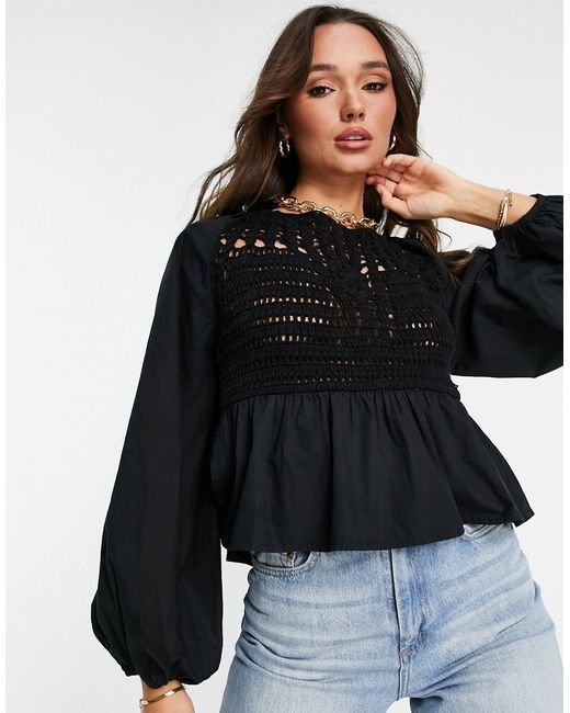 Asos Design long sleeve top with crochet detail and tie waist in