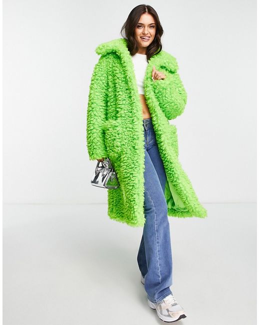 Miss Selfridge fluffy borg maxi coat in bright