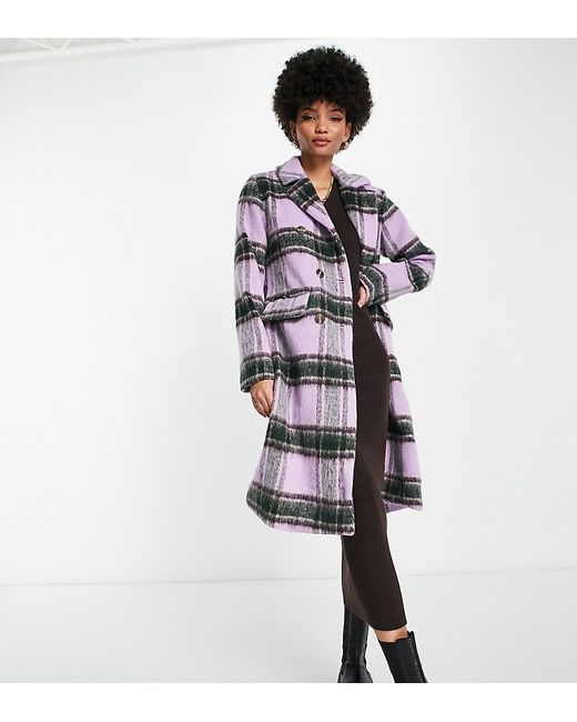 QED London Tall double breasted longline coat in lilac check-