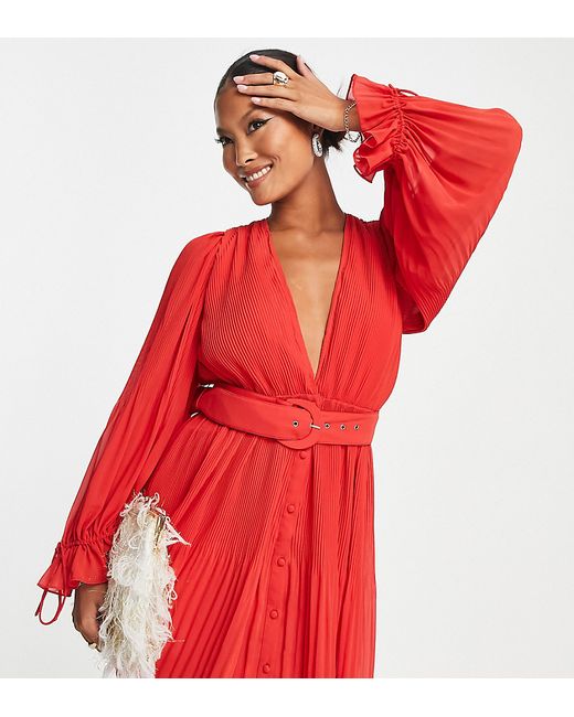 ASOS Petite DESIGN Petite pleated blouson sleeve mini dress with belt detail in red-