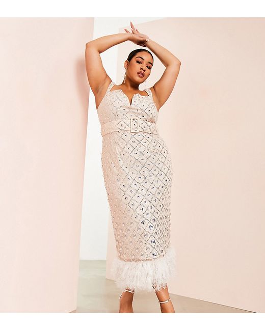 ASOS Luxe Curve v neck square grid embellished midi dress with feather trim in blush-