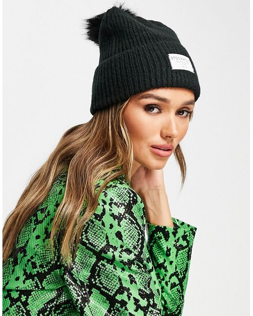 Asos Design rib knit pom beanie with label detail in