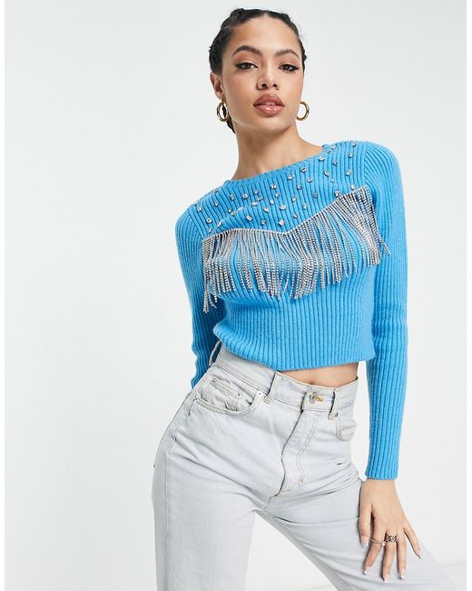 Asos Design sweater with embellished stones and fringe detail in