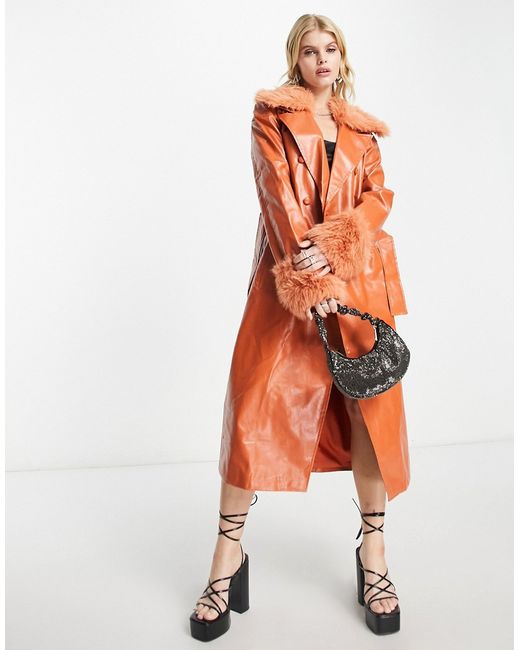 Extro & Vert PU trench coat with faux fur collar and cuffs in