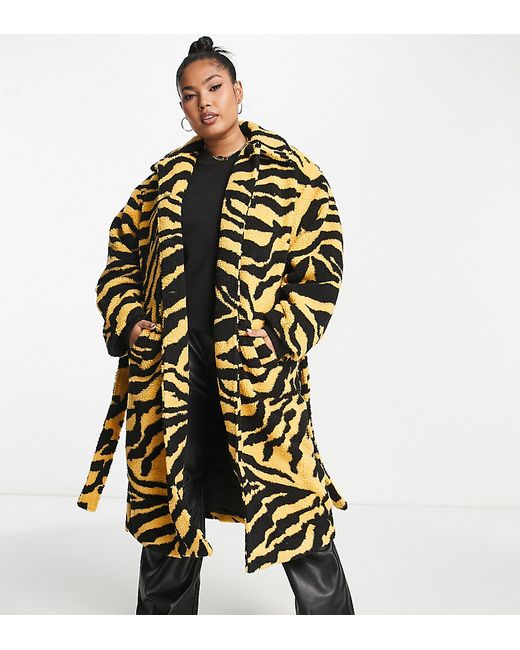 Pieces Plus Pieces Curve exclusive longline belted teddy coat in yellow tiger print-
