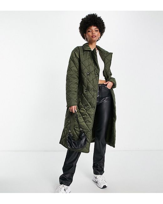 Vero Moda Tall quilted maxi coat in khaki-