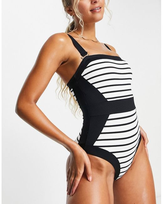 Accessorize stripe with belt detail swimsuit in black white-