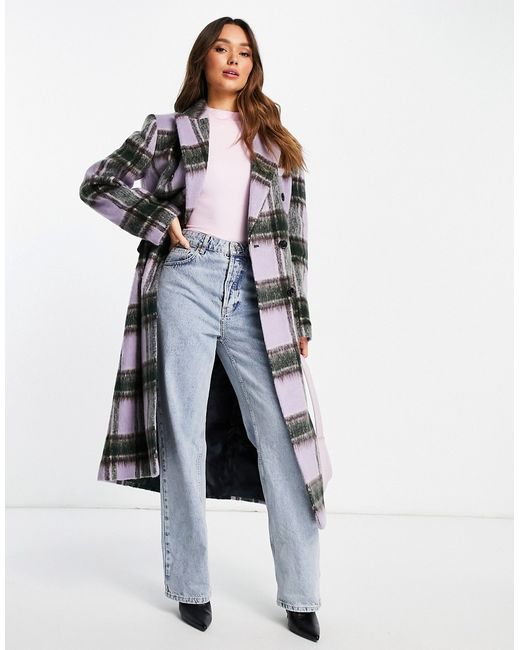 TopShop check double breasted long coat in lilac-