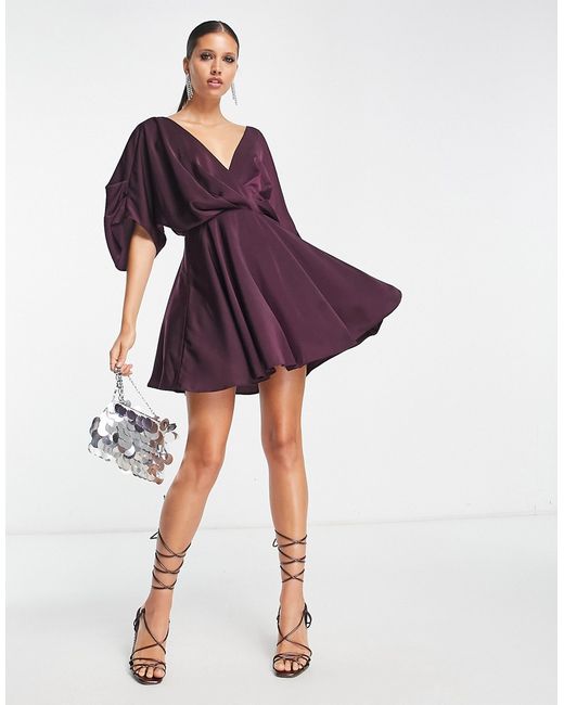 Asos Design satin batwing mini dress with pleated bodice detail in wine-
