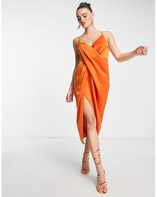 Asos Design drape detail satin midi dress with strappy back in rust-
