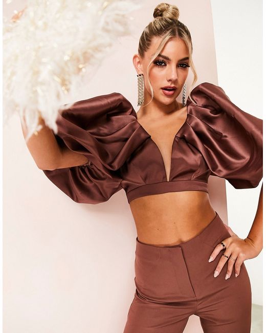 ASOS Luxe satin exaggerated puff sleeve plunge crop top in part of a set