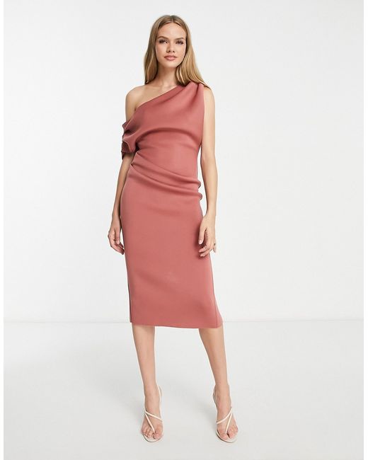Asos Design fallen shoulder pleat back midi dress in rose-