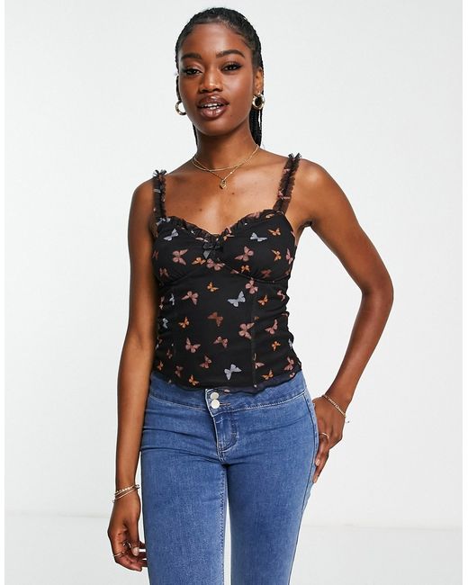 New Look ruched cami top in butterfly print