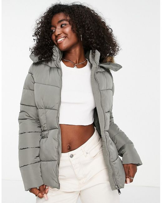 New Look waisted puffer coat with faux fur hood in khaki-