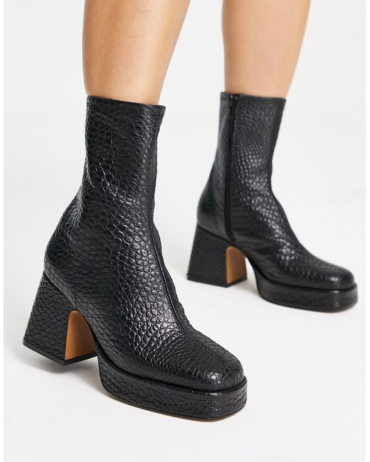 TopShop Hollis premium leather platform ankle boots in croc