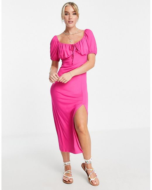 New Look ruched bust puff sleeve midi dress with side slit in bright