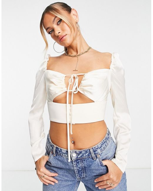 Asos Design long sleeve ruched front crop top with keyhole in cream-