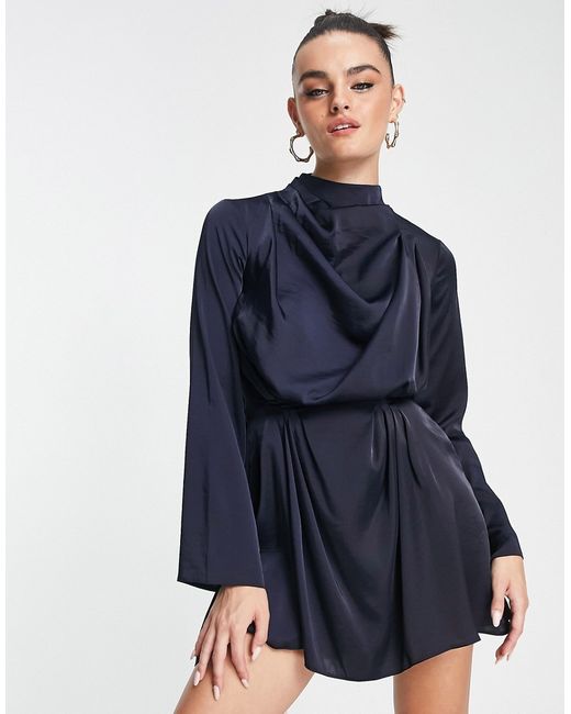 Asos Design satin drape neck mini dress with pleat detail and open back in