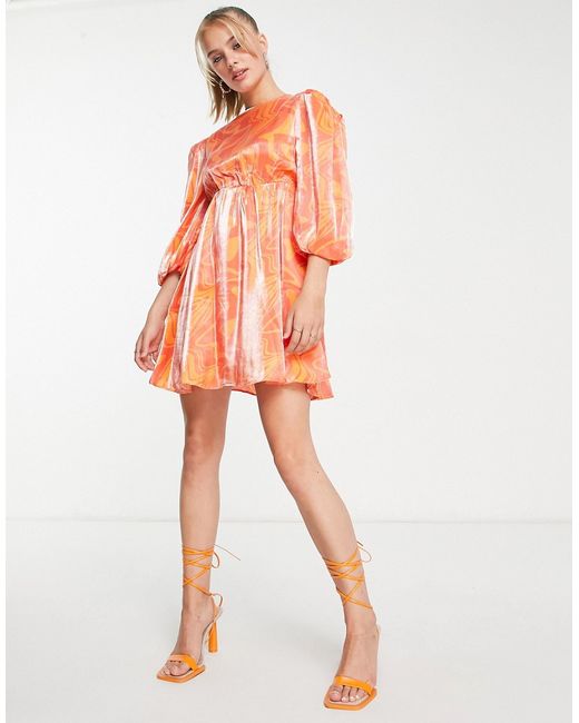 Glamorous puff sleeve pleated mini smock dress in orange marble satin-