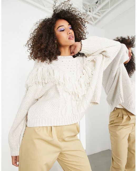 ASOS Edition cable sweater with tassels in cream-