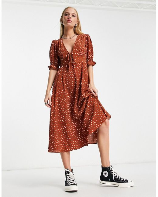 Asos Design tie front midi tea dress with godets in rust and ivory spot-