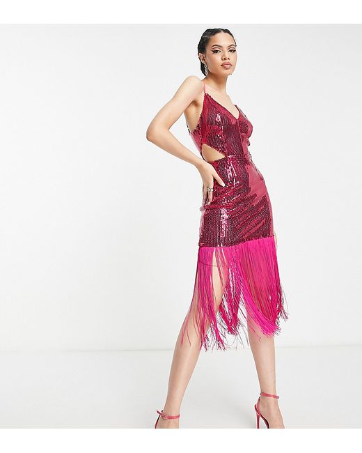 Collective The Label exclusive cut-out sequin fringe dress in hot