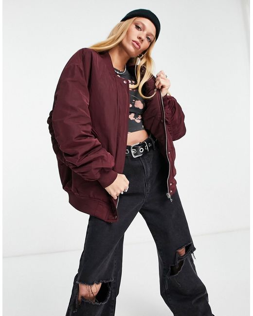 Bershka oversized jacket in burgundy-