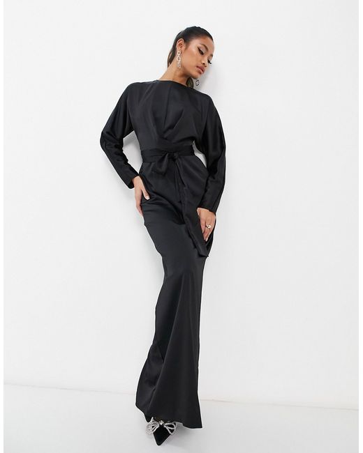 Asos Design satin maxi dress with batwing sleeve and wrap waist in
