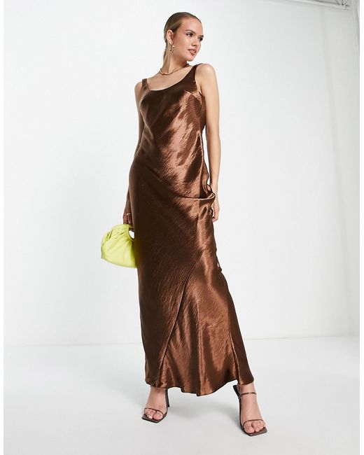 Asos Design scoop back bias cut satin maxi dress in chocolate-