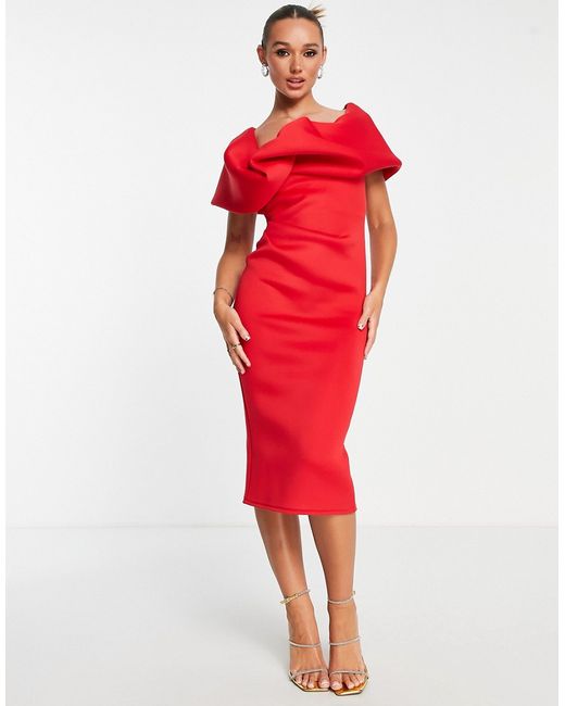 Asos Design one shoulder bubble detail midi pencil dress in red-
