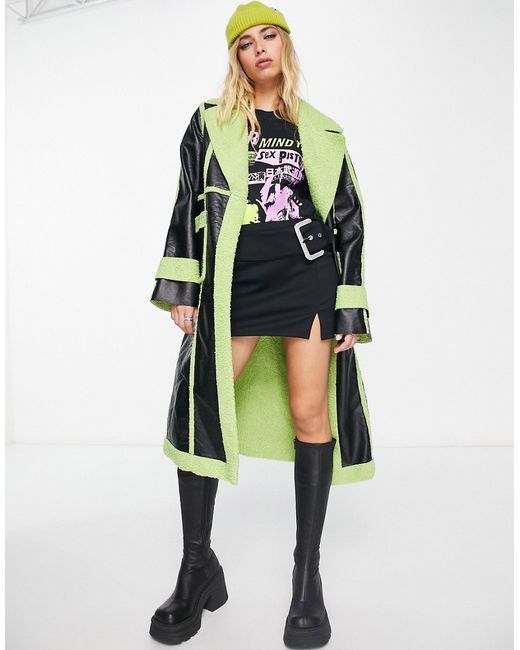 Extro & Vert PU panelled coat with lime green teddy trim-