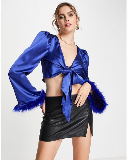 Ei8Th Hour satin crop top with faux feather trim